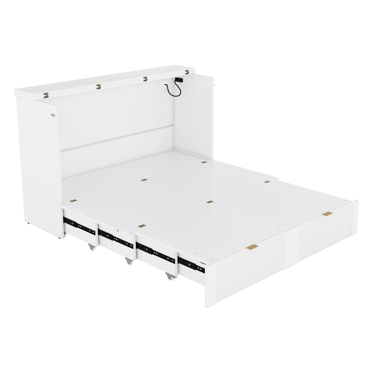 Ball & Cast Murphy Bed Queen Size Folding Wall Chest with Drawer and a Set of Sockets & USB Ports,Wood Hideaway Cabinet Platform Bedframe W/Pulley Structure Design,for Guest Room,Study,Office,White Ball & Cast