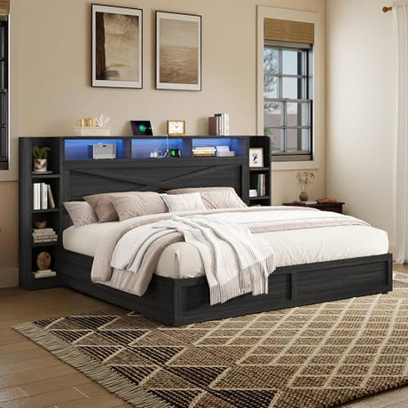 AMERLIFE 45'' Farmhouse King Bed Frame with 4 Drawers, LED Bed Frame with Bookcase Headboard & Side Shelves, Wood Platform Bed with Charging Station, Black AMERLIFE