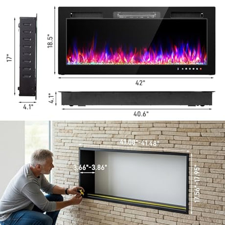 Winado 42" Electric Fireplace, Inserts/Wall Mounted Fireplace Heater with Remote Control, 12 Adjustable Flame Colors, Log & Crystal, 8H Timer for Living Room, Bedroom Inddoor Winado