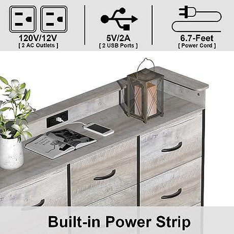 EXOTICA Dresser with Charge Station 9 Drawers Dresser for Bedroom with LED Lights Tall Wide Fabric Dressers & Chests of Drawers for Closet Hallway Entryway Sturdy Steel Frame Wood Top EXOTICA
