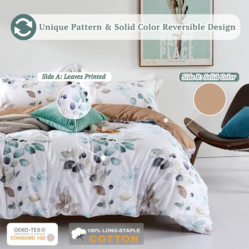 MILDLY 100% Long-Staple Cotton Duvet Cover Set, Gradient Teal Leaves Pattern Bedding Set 3pcs, Ultra Soft Breathable Chic Comforter Cover MILDLY