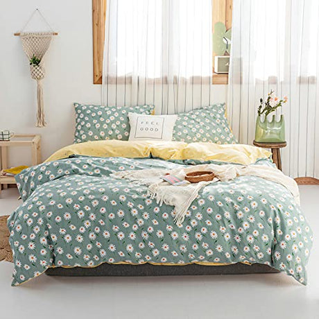 EAVD Fresh Garden Style Daisy Floral Queen Comforter Set Sage Green Fluffy Soft Microfiber Chic Flower Bedding Set for Girls Women Vintage Style Botanical Comforter Set for All-Season EAVD