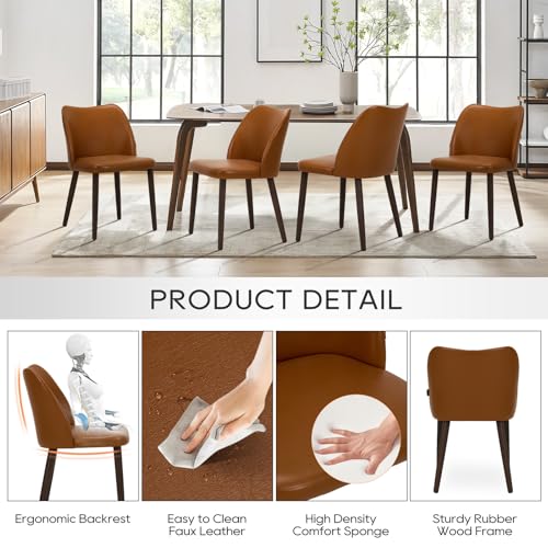 COLAMY Upholstered Dining Chairs Set of 4, Modern PU Leather Dining Room Kitchen Side Chair with Padded Seat and Wood Legs Restaurant/Cafe,Light Brown COLAMY