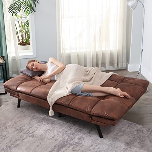 Opoiar Leather Futon Sofa Bed,Convertible Memory Foam Couch Bed,Futon Sets Daybed with Mattress Included,Folding Modern Sleeper Sofa Love seat for RV Car Living Room&Bedroom Small Space,Brown Opoiar