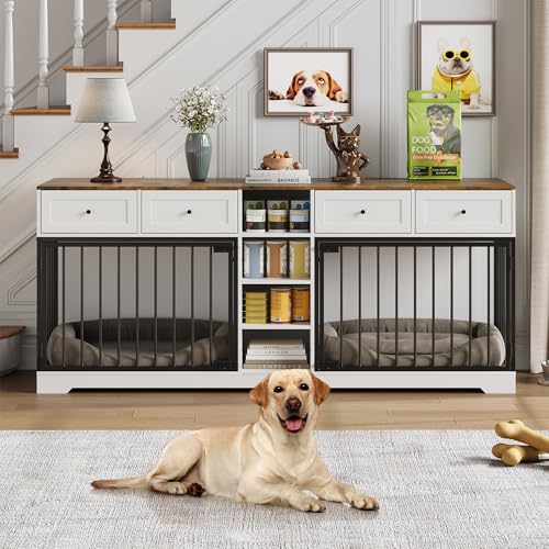 GarveeHome 82" Double Dog Crate Furniture, Large Dog Kennel Indoor for 2 Dogs, Heavy Duty Wooden Dog Crate TV Stand with 4 Drawers and Shelves, White/Brown GarveeHome