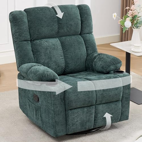 Coziture Swivel Rocker Recliner,Rocking Reclining Chair with Adjustable Headrest for Adults,Upholstered Fabric Swivel Recliner Chair for Bedroom,Living Room,Green Coziture