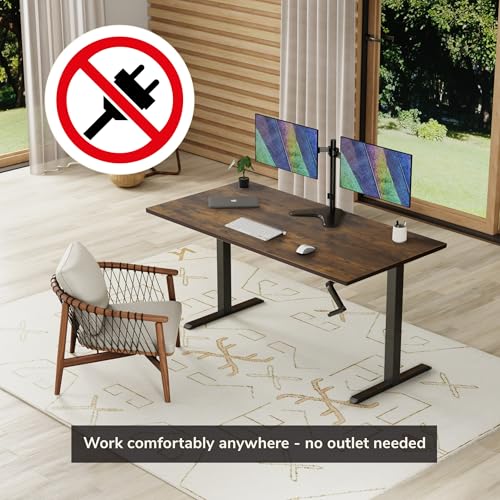 Mount-It! Hand Crank Standing Desk with 55" One-Piece Oak Pattern Tabletop | Manual Adjustable Desk, Smooth Hand Crank Sit-Stand, One-Piece Seamless Surface, 132 lb, Black Frame Mount-It!