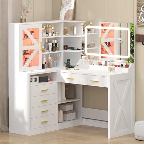 L-Shaped Corner Vanity Desk with LED Lighted Mirror & Charging Station, White Makeup Vanity with 6 Drawers & Sliding RGB Cabinet, Large Farmhouse Dressing Table with Open Storage Shelves for Women CSZZD