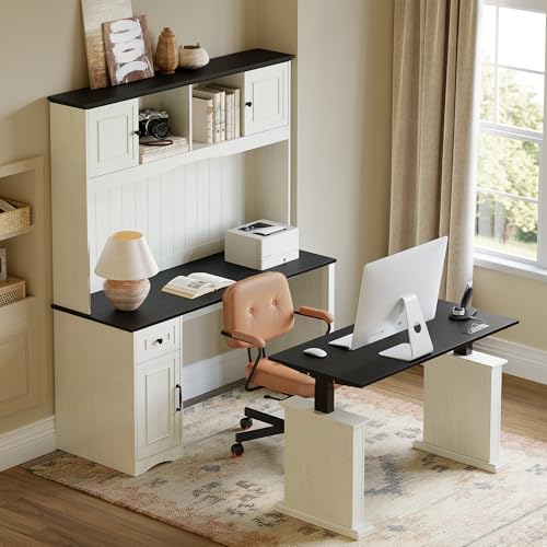 FEZIBO 60" L Shaped Executive Standing Desk with Hutch and Storage Cabinet, Farmhouse Standing Desk with Charging Station, Reversible Home Office Workstation, Antique White FEZIBO