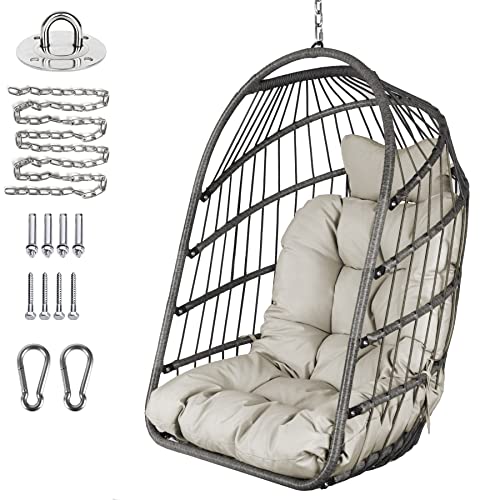 Chihee Egg Chair Foldable Wicker Rattan Hanging Swing Chair Indoor Outdoor Patio Wicker Chair Hammock Chairs with Stainless Steel Hanging Kit Chain Link UV Resistant Cushion Bedroom Balcony