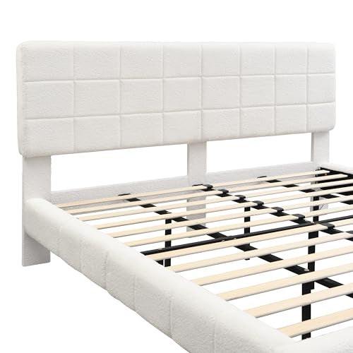 Merax King Size White Boucle Upholstered Platform Bed with Tall Headboard, Modern Floating Bed Frame with LED Lights for Bedroom, Solid Wood Slats Support, No Box Spring Needed, Easy Assembly Merax