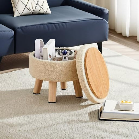 Wimarsbon Storage Ottoman, Modern Round Footrest with Soft Padded Seat, Teddy Velvet Footstool with Wood Legs, Accent Small Table or Plant Stand for Hallway, Living Room (Off-White) Wimarsbon