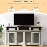 71'' Double Dog Crate Furniture – Furniture-Style Kennel with Removable Divider, Sliding Barn Door & 3 Drawers | Doubles As a TV Stand, Ideal for Large Dogs or 2 Medium Breeds (White + Walnut Finish) Loumernhant