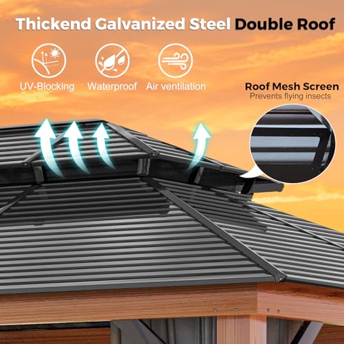 WELYAS Aluminum Hardtop Gazebo 10' X 12' Heavy Duty All Weather Wood Color Gazebos with Galvanized Steel Double Metal Roof for Garden Patio Deck Backyard, Curtains and Netting Included WELYAS