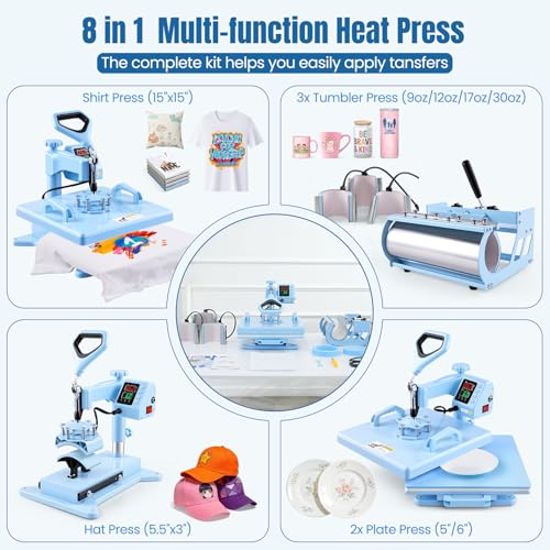 AKEYDIY Heat Press 15x15 inch 8 in 1 with 30OZ Tumbler Press, 360° Swivel Away Slide Out Digital Shirt Press Machine, Industrial Heat Transfer Machine Sublimation for T-Shirt (15x15-8 in 1 Blue) AKEYDIY