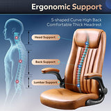 DEVAISE Executive Chair Computer Office Chair, High Back Ergonomic Desk Chair with Adjustable Flip-up Armrests, Lumbar Support and Thick Headrest, Brown DEVAISE