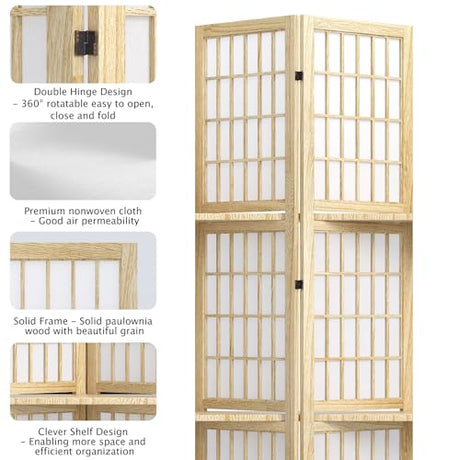 5.6FT Room Divider and Folding Portable Partition Screen, Chinese Japanese Shoji Style with Three Display Shelves for Room Separation - 4 Panel (Natural) Svimi
