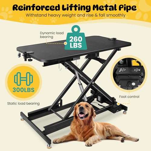 Innvello 49.2" Electric Grooming Table for Large Dogs, Foldable Hydraulic Height Adjustable Home Indoors with Overhead Grooming Arm, Clamps, Foot Control and 3 Nooses Suitable for Cat&Dog/Black