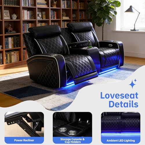 Saxum Tegmen 3 Pieces Power Reclining Sofa Set, Leather Recliner Couch Sets for Living Room Furniture, Sectional Sofa with LED Lights for Home Theater/Living Room/Office (Black, 3PCS Set)