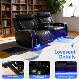 Saxum Tegmen 3 Pieces Power Reclining Sofa Set, Leather Recliner Couch Sets for Living Room Furniture, Sectional Sofa with LED Lights for Home Theater/Living Room/Office (Black, 3PCS Set)