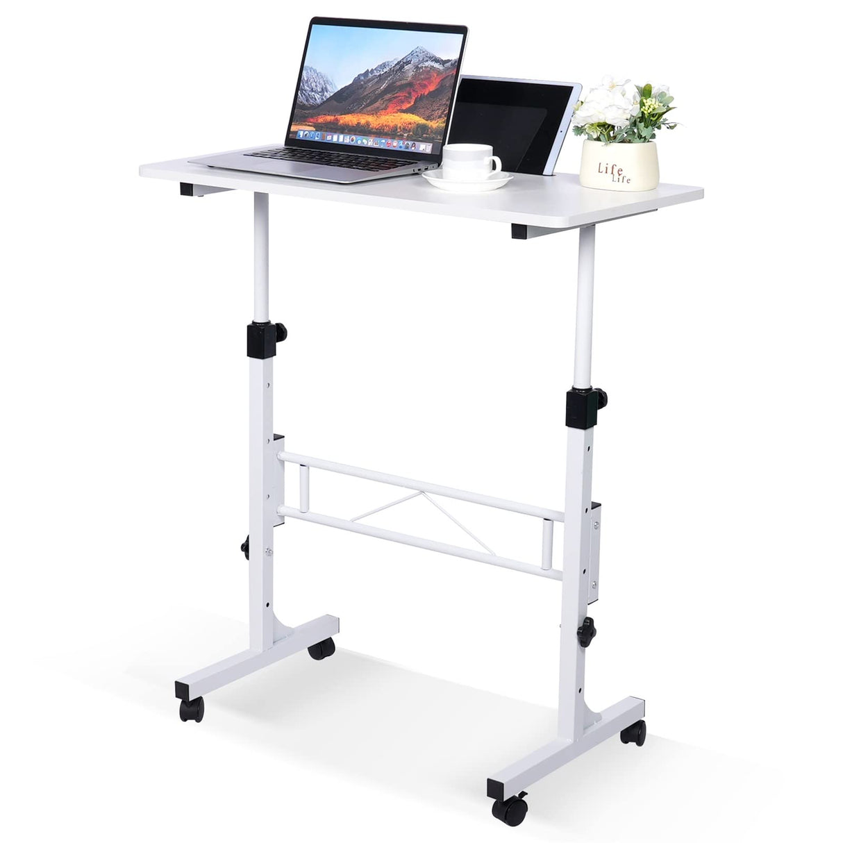 KLSMYHOKI Standing Desk Adjustable Height, Mobile Stand Up Desk with Wheels Small Computer Desk Rolling Desk, Portable Laptop Desk White Standing Table Home Office Desks 16"x31.5" Height 27"-43.5" KLSMYHOKI