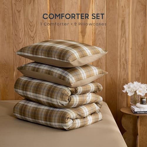 Wake In Cloud - Plaid Comforter Set, Scottish Tartan Check Geometric Modern Pattern Printed, Soft Lightweight Bedding, 3 Pieces, Brown, Queen Size Wake In Cloud