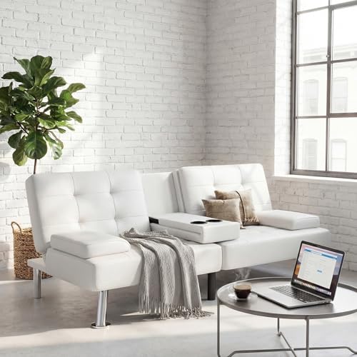 YESHOMY Modern Futon Sofa Bed, Convertible Futon Couch with Adjustable Backrest, Futon Loveseat Sleeper Sofa Bed with Armrest for Living Room, Small Spaces,PU Leather, White YESHOMY