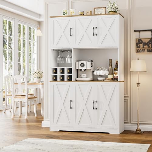 HOSTACK Kitchen Pantry Storage Cabinet, 71" Tall Food Pantry Cabinet with Microwave Stand, Farmhouse Kitchen Hutch Cabinet, Coffee Bar Hutch with Wine Rack for Dining Room, Living Room, White HOSTACK
