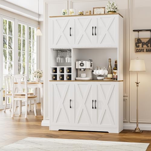 HOSTACK Kitchen Pantry Storage Cabinet, 71" Tall Food Pantry Cabinet with Microwave Stand, Farmhouse Kitchen Hutch Cabinet, Coffee Bar Hutch with Wine Rack for Dining Room, Living Room, White - WoodArtSupply