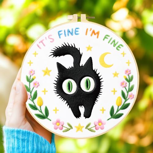 INFUNLY 4 Sets Black Cat Embroidery Kit for Beginner Inspirational Embroidery Starter Kit 11.8x11.8 Everything is Fine Hand Stitching Needlework Set with Step-by-Step Instruction for Home Decor