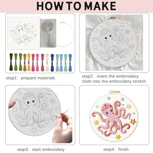 INFUNLY 4 Sets Embroidery Kit for Beginners with Sea Animals Pattern DIY Embroidery Kit for Adults Ocean Embroidery Art Kit Turtles/Seahorses/Octopuses/Whales Cross Stitch Kit with Embroidery Hoops