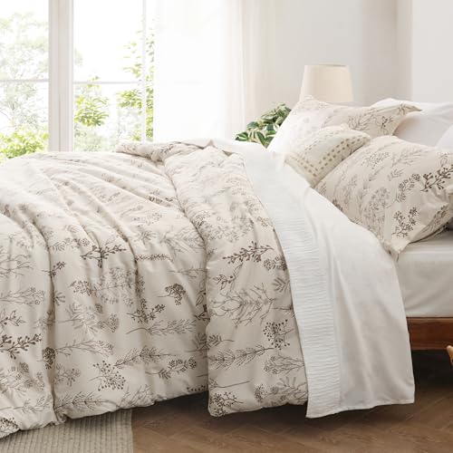 Bedsure Queen Comforter Set - Beige Bed Set, 3 Pieces Cute Floral Bedding, 1 Soft Botanical Flowers Comforter and 2 Pillow Shams Bedsure