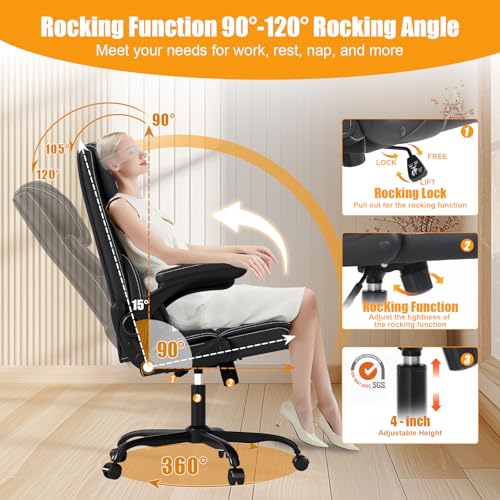 Executive Office Chair with Flip-up Armrests,Ergonomic Computer Desk Chairs,Mid-Tall Back Leather Office Chair 400 Lbs,Lumbar Support Swivel PC Chair with Rocking Function Box DesignLab