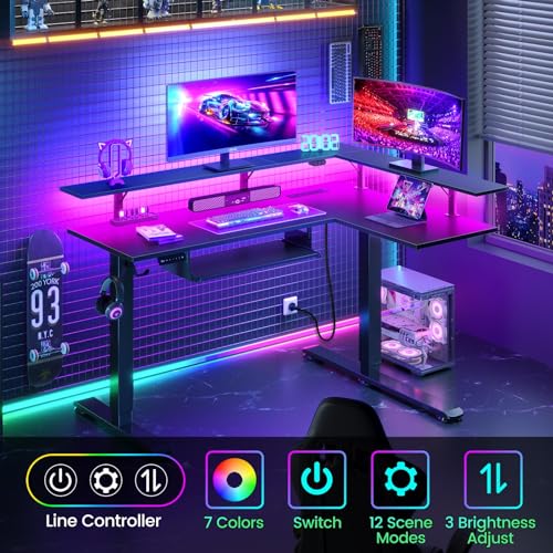 Rolanstar L Shaped Standing Desk with Keyboard Tray, Height Adjustable Corner Desk with LED Light & Power Outlet, Electric Sit Stand Computer Desk with Monitor Stand, Black Rolanstar