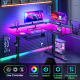 Rolanstar L Shaped Standing Desk with Keyboard Tray, Height Adjustable Corner Desk with LED Light & Power Outlet, Electric Sit Stand Computer Desk with Monitor Stand, Black Rolanstar