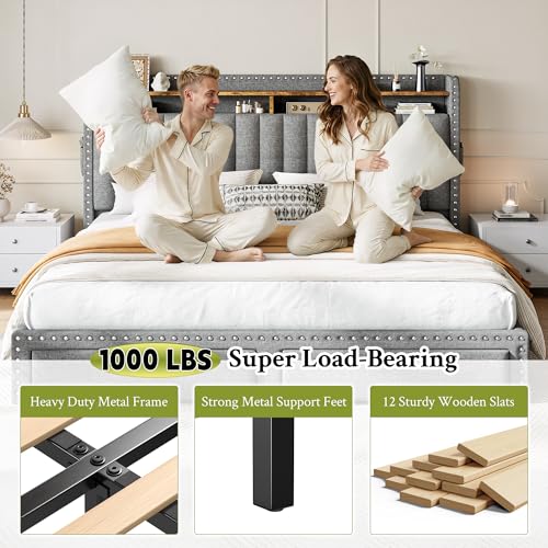 EnHomee King Size Bed Frame with 2 Metal Storage Drawers, Vertical Tufted Upholstered King Platform Bed with Headboard Shelf, 1000lbs Heavy Duty, No Box Spring Needed,Easy Assembly,Grey EnHomee