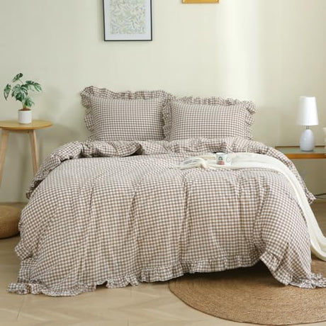 Silnuo Taupe/White Plaid Ruffle Duvet Cover Queen Size,100% Washed Cotton 3 Pcs Vintage Checkered Chic Gingham Bedding Set Comforter Cover Set Silnuo