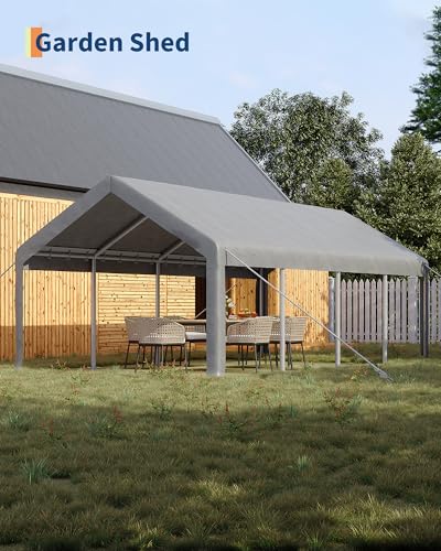 GarveeLife 13x25 ft Portable Garage, Car Port with 220 g PE Tarp Cover, with Front & Rear Roll-Up Doors and 4 Windows, for Temporary Paint Booth, Boats&Pickups Shed, and Event Shelter, Gray GarveeLife