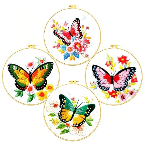 Zhenqing Butterfly Embroidery Kit 11.4x11.4 Inch - Complete Embroidery Set with Fabric, Threads, Needles & Hoop - Beginner-Friendly DIY Craft Kit for Adults (C0040)