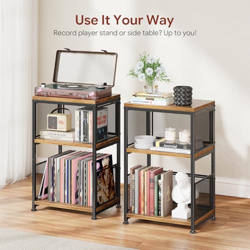 Simple Trending Record Player Stand, Turntable Stand with Vinyl Record Storage, 3 Tiers Side Table Hold Up to 100 Albums, Rustic Brown Simple Trending