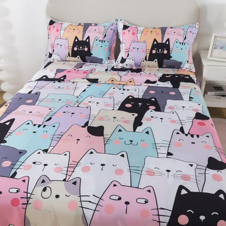 ADASMILE A & S Kids Cat Sheets Full Size for Girls Kawaii Cat Bedding Sets Including 1 Fitted Sheet 1 Flat Sheet 2 Pillowcases Kitten Animals Printed Bed Set Soft Microfiber All Season Home Decor ADASMILE A & S