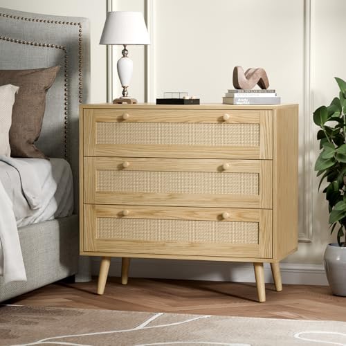 infurnic 3 Drawer Rattan Dresser for Bedroom, Modern Wooden Dresser Chest with Handles for Bedroom, Hallway and Living Room, Wood Oak infurnic