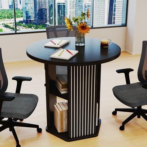 ZONVEOKE Small Conference Table for 2-4 People, 31.5" Round Meeting Table with 2-Layer Storage Shelf for Space Saving, Mid-Century Modern Seminar Boardroom Desk for Office Conference Room ZONVEOKE