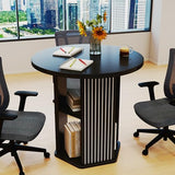 ZONVEOKE Small Conference Table for 2-4 People, 31.5" Round Meeting Table with 2-Layer Storage Shelf for Space Saving, Mid-Century Modern Seminar Boardroom Desk for Office Conference Room ZONVEOKE