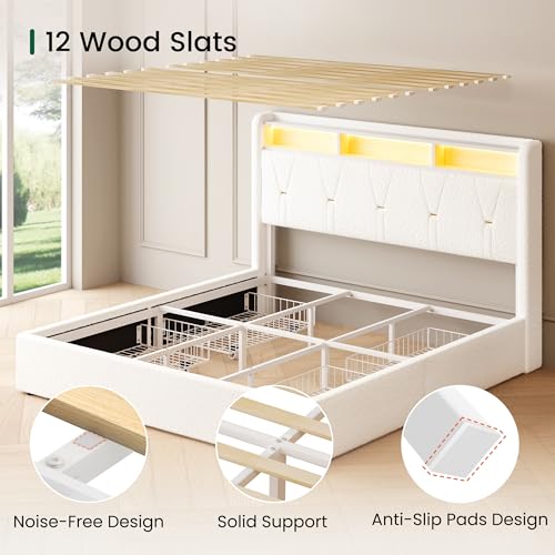 LARMACE Queen Size Bed Frame with 4 Storage Drawers and Boucle Headboard Upholstered Platform Bed Frame with LED Lights & Charging Station,Easy Assembly/No Box Spring Needed,White LARMACE