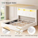 LARMACE Queen Size Bed Frame with 4 Storage Drawers and Boucle Headboard Upholstered Platform Bed Frame with LED Lights & Charging Station,Easy Assembly/No Box Spring Needed,White LARMACE