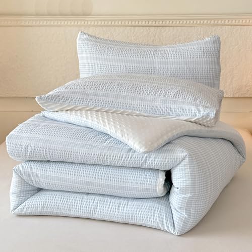 tohrisa Boho Comforter Set King Size - 3 Pieces Lightweight Jacquard Seersucker Bedding Sets (1 Soft Fluffy Grid Comforter & 2 Pillowcases) - All Seasons Cozy Modern Bed Set(104"x90" Sky Blue) tohrisa