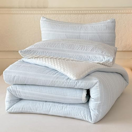 tohrisa Boho Comforter Set King Size - 3 Pieces Lightweight Jacquard Seersucker Bedding Sets (1 Soft Fluffy Grid Comforter & 2 Pillowcases) - All Seasons Cozy Modern Bed Set(104"x90" Sky Blue) tohrisa