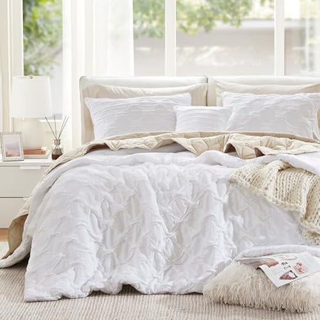 Comfort Spaces Comforter for Queen Size Bed, Ogee Ruched with Crinkle Texture, Breathable Comforter Set Queen, All Season Lightweight Bedding Set, Shams, Décor Pilow, Full/Queen White 4 Piece Comfort Spaces