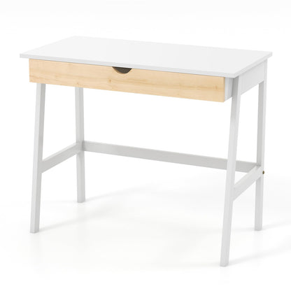 Giantex Modern Writing Desk with Drawer, White Computer Desk with Rubber Wood Legs, Minimalist Workbench Desk for Small Space, Makeup Table Vanity - WoodArtSupply